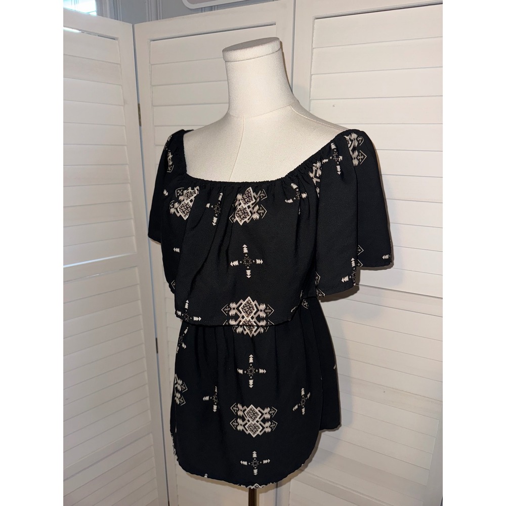 The Impeccable Pig Black Aztec Print Off Shoulder Ruffle Top Size S - Picture 4 of 6